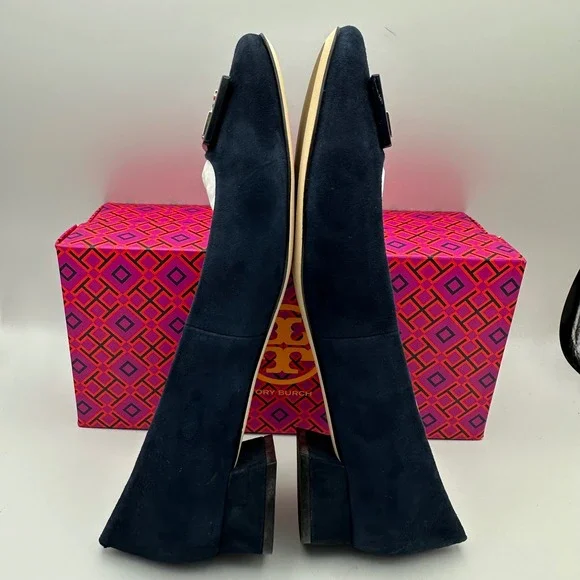 Tory Burch Women's Size 8M Gigi Suede Pump Block Heel Tory Navy Logo Kid Suede - Picture 6 of 9